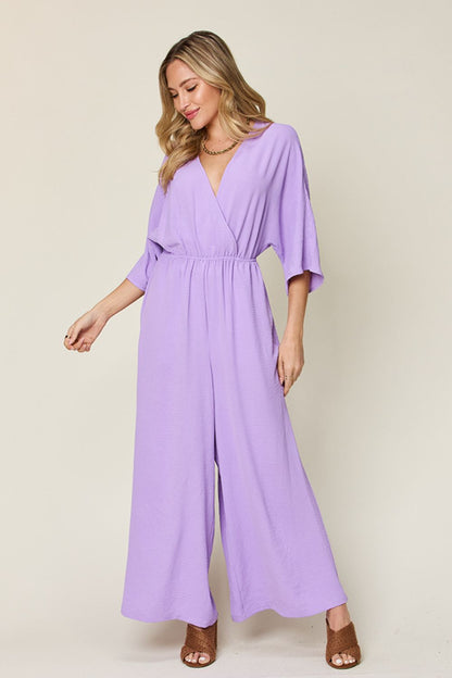 Double Take Full Size Surplice Wide Leg Jumpsuit with Pockets